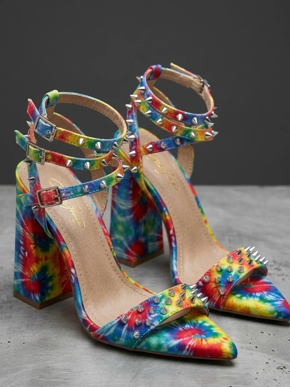 Tie-Dye Studded Ankle-Strap Block Heel Pumps - Multicolor